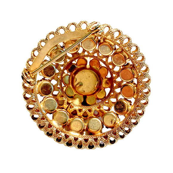 Vintage Mid Century Brooch Gold Red Glass Rhinestones Stacked Dimensional Round - Picture 7 of 9